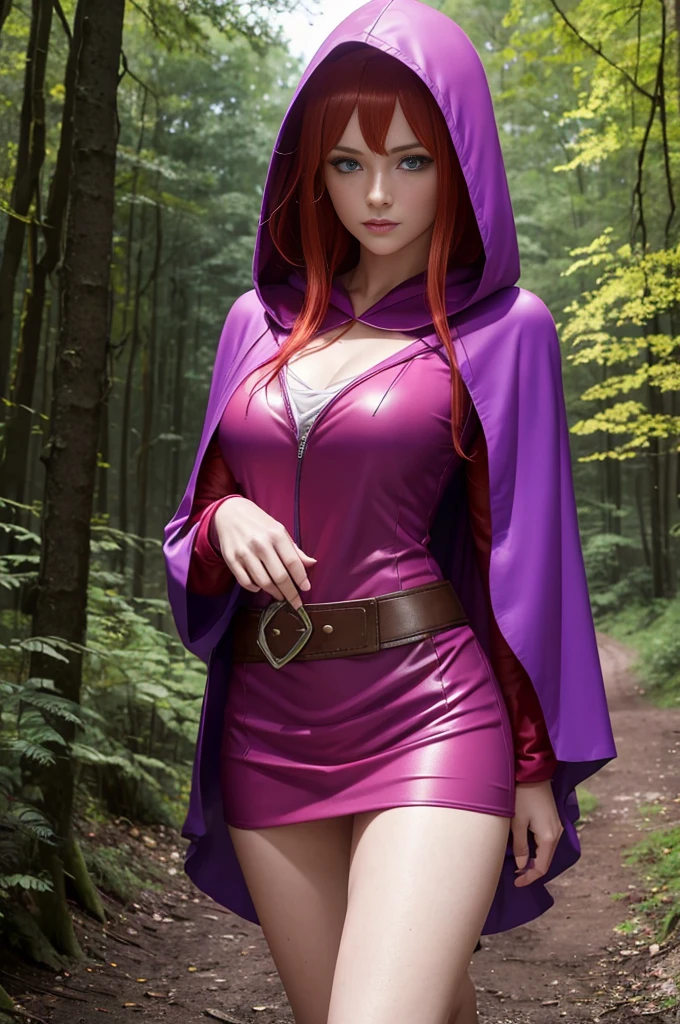 UHD 8K scene, hyper-real photo quality, beautiful young woman, red hair, bright blue eyes, short pink dress with thief outfit, purple hooded cape, character Sheila from Dungeons and Dragons, in the middle of a forest