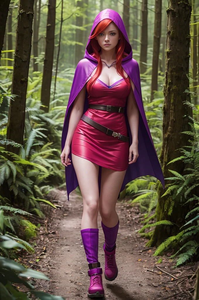 UHD 8K scene, hyper-real photo quality, beautiful young woman, red hair, bright blue eyes, short pink dress with thief outfit, purple hooded cape, character Sheila from Dungeons and Dragons, in the middle of a forest