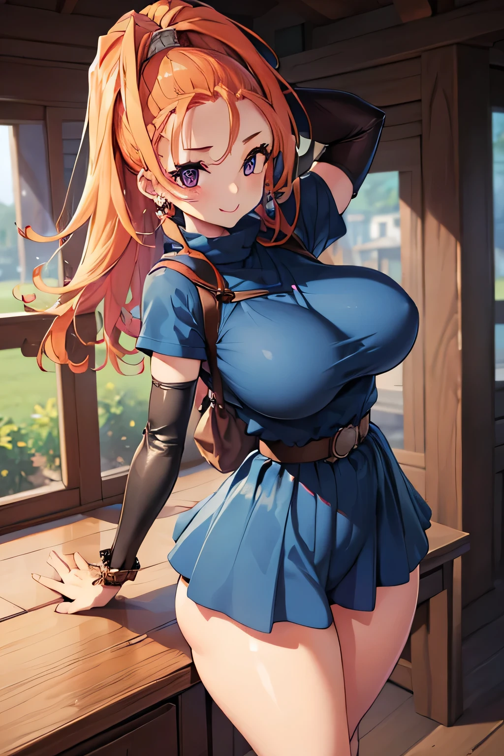 ((1girl))、smile、(large huge breast)、((looking at viewer))(best quality),(ultra detailed),(extremely detailed and beautiful),(beautiful detailed eye)、 (perfect anatomy),(perfect hands),(super detailed skin),(masterpiece)((breasts focus))(thighs focus)