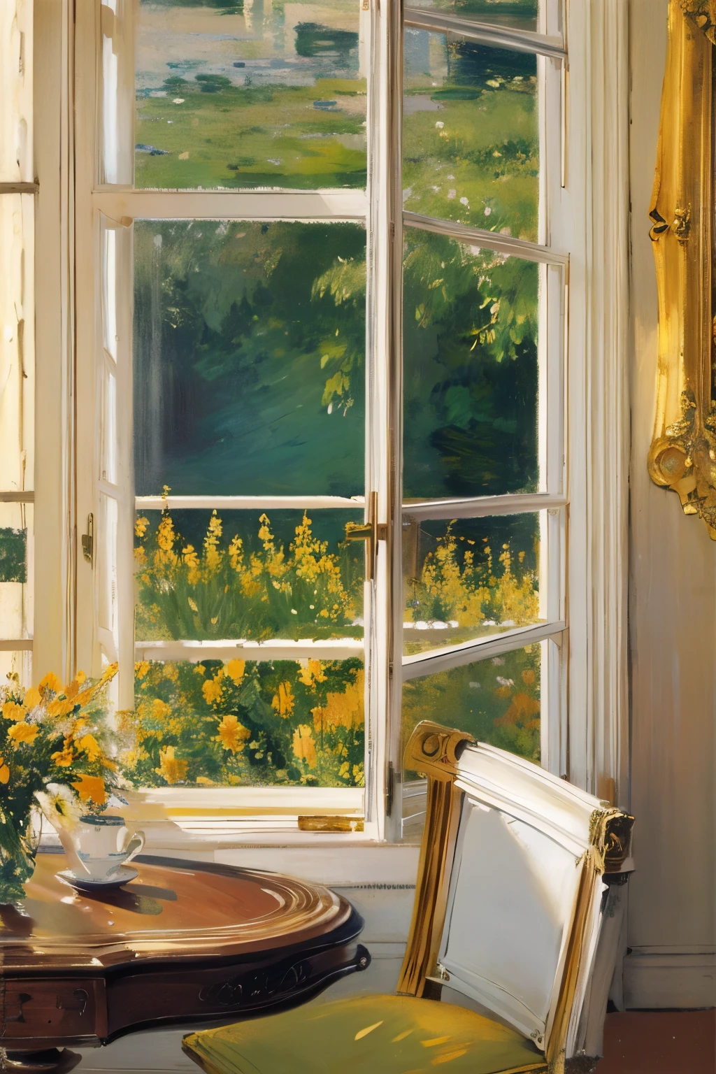 (Masterpiece:1.2), (best quality:1.2), (super high resolution:1.2),
A girl in a white/yellow dress is sitting by the window, holding her chin with one hand, looking out the window, wooden table, wooden chair, tablecloth, window, fluttering curtains, outside the window is a golden rice field, swallows are flying over, table There are several books, pen holders, vases, a cozy atmosphere, impressionist paintings, (style of Claude Monet:1.2)