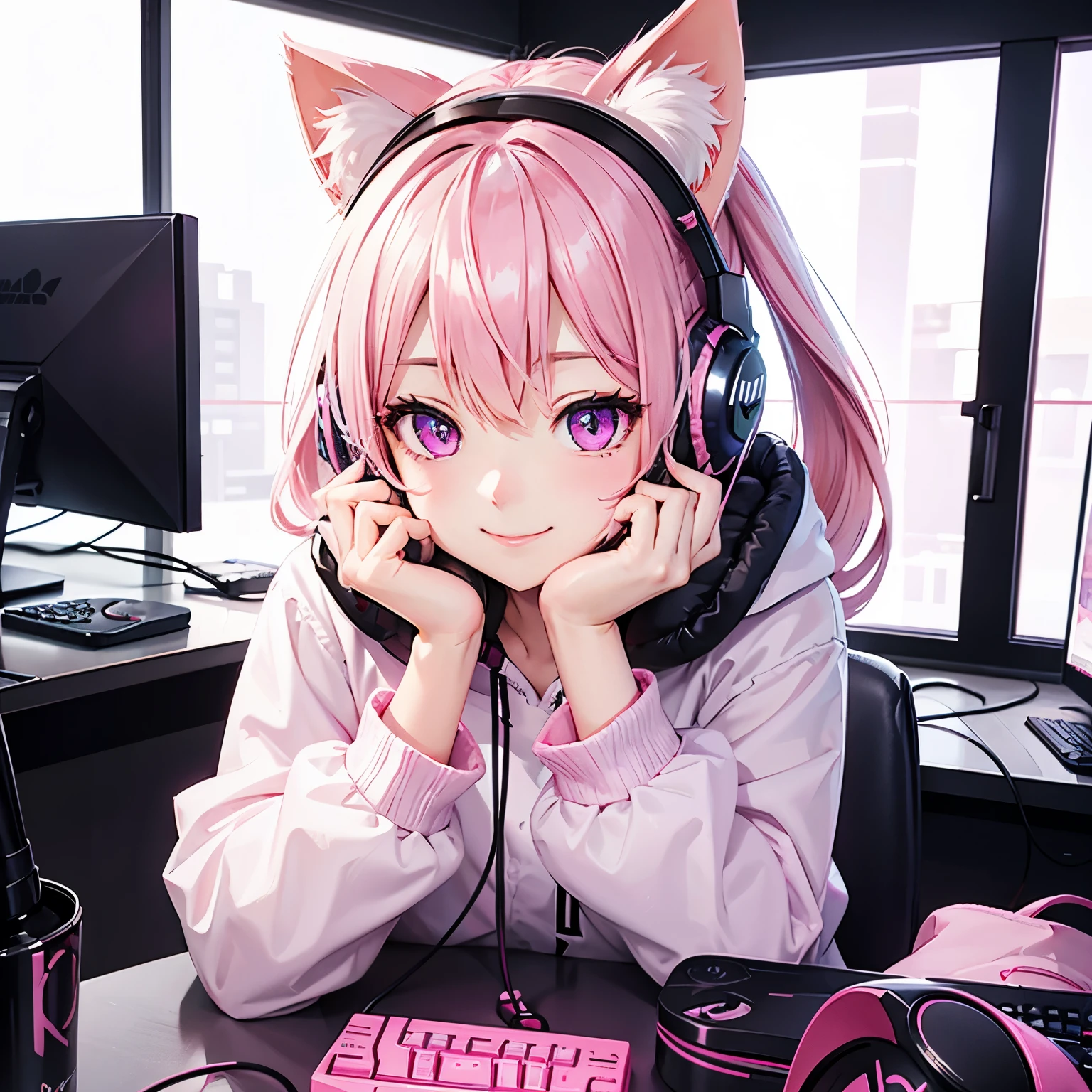 Gamer、headphone、Cat with pink ribbon、Pink Hair、Pink eyes、smile、computer
