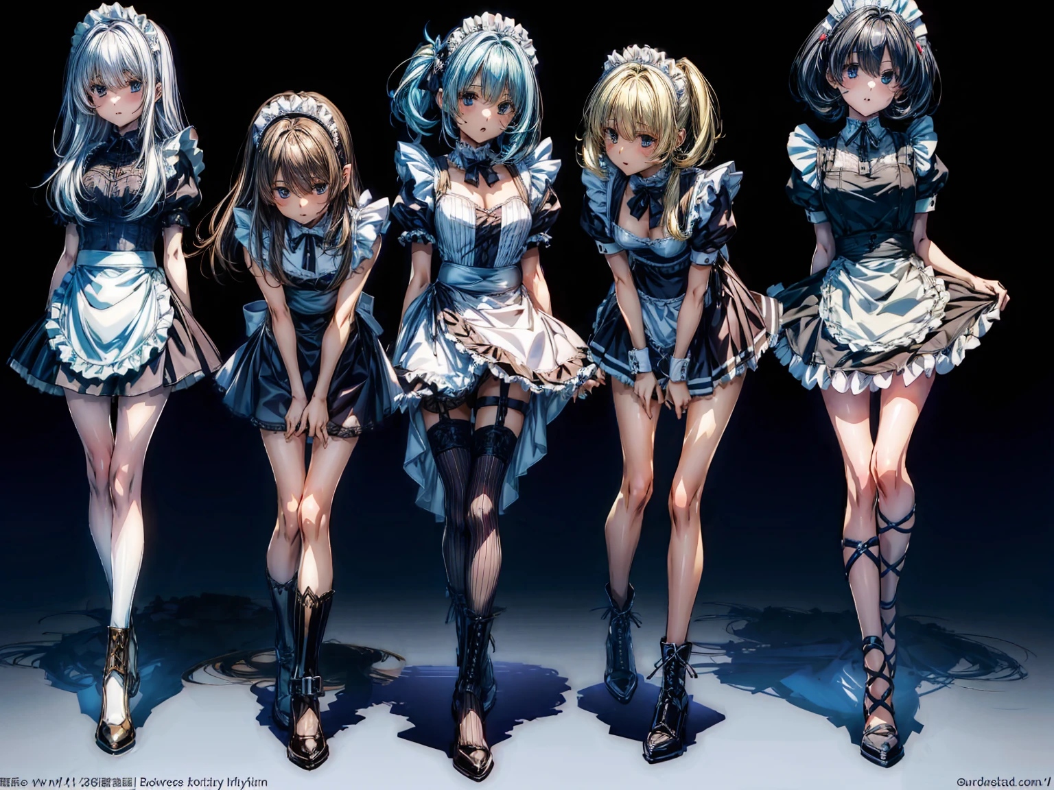 (Perfect Anatomy:1.2, highest quality),(Maid leotard details:1.6),(4Girls:1.4),Long Hair:1.5, (Short sleeve, Thighs,Maid Cufflinks),,Hypno Lola, Hollow Eyes,High heel lace-up boots, (Without skirt:3.0),Dark aura,(Leotrad),,From below,love for viewers,Look down,(full body:1.4),looking at viewer,