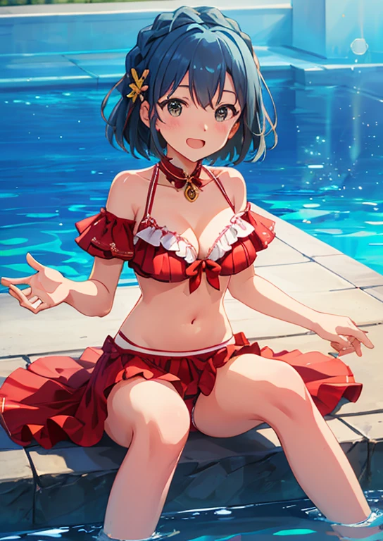 Nanao　Yuriko, (highest quality, 8k, masterpiece, Very detailed:1.2), (Lens flare, Particles of light, Shine), Big Breasts, smile, Open your mouth, masterpiece, highest quality, Very detailed, High resolution, Very detailedなCG, (Official Art), Red Bikini , (Spread your legs),Lift your legs, (Embarrassing:1.1), (blush:1.2), Open your mouth, (shout:1.1), (Moving lines:1.1),  Midsummer Pool