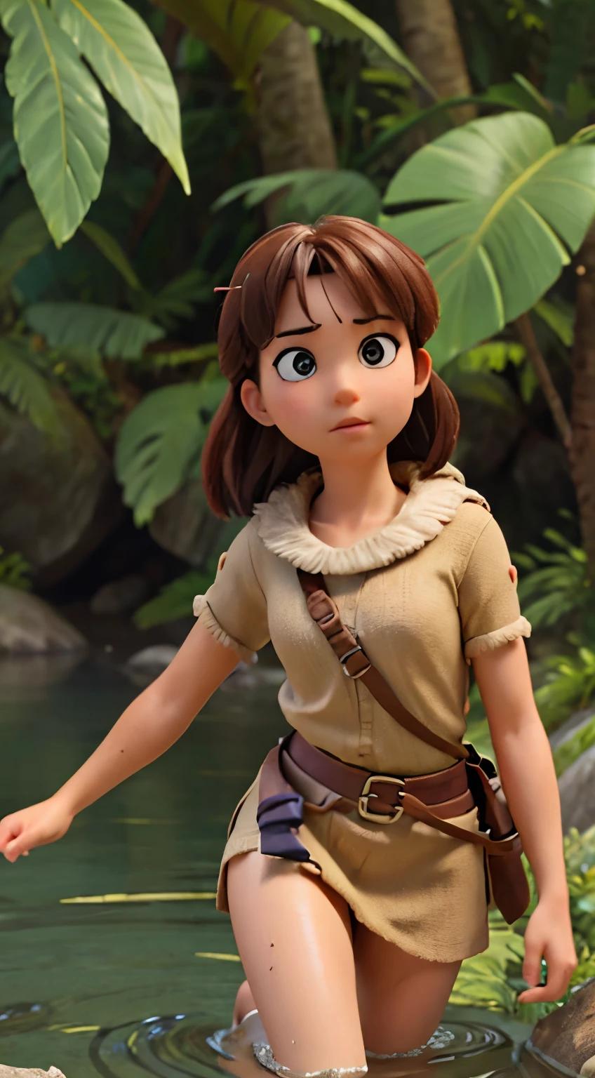 Beautiful face. Adventurer girl Stone Age clothes, Jump in the river , middle of tropical forest,masterpiece,UHD, hd detailed