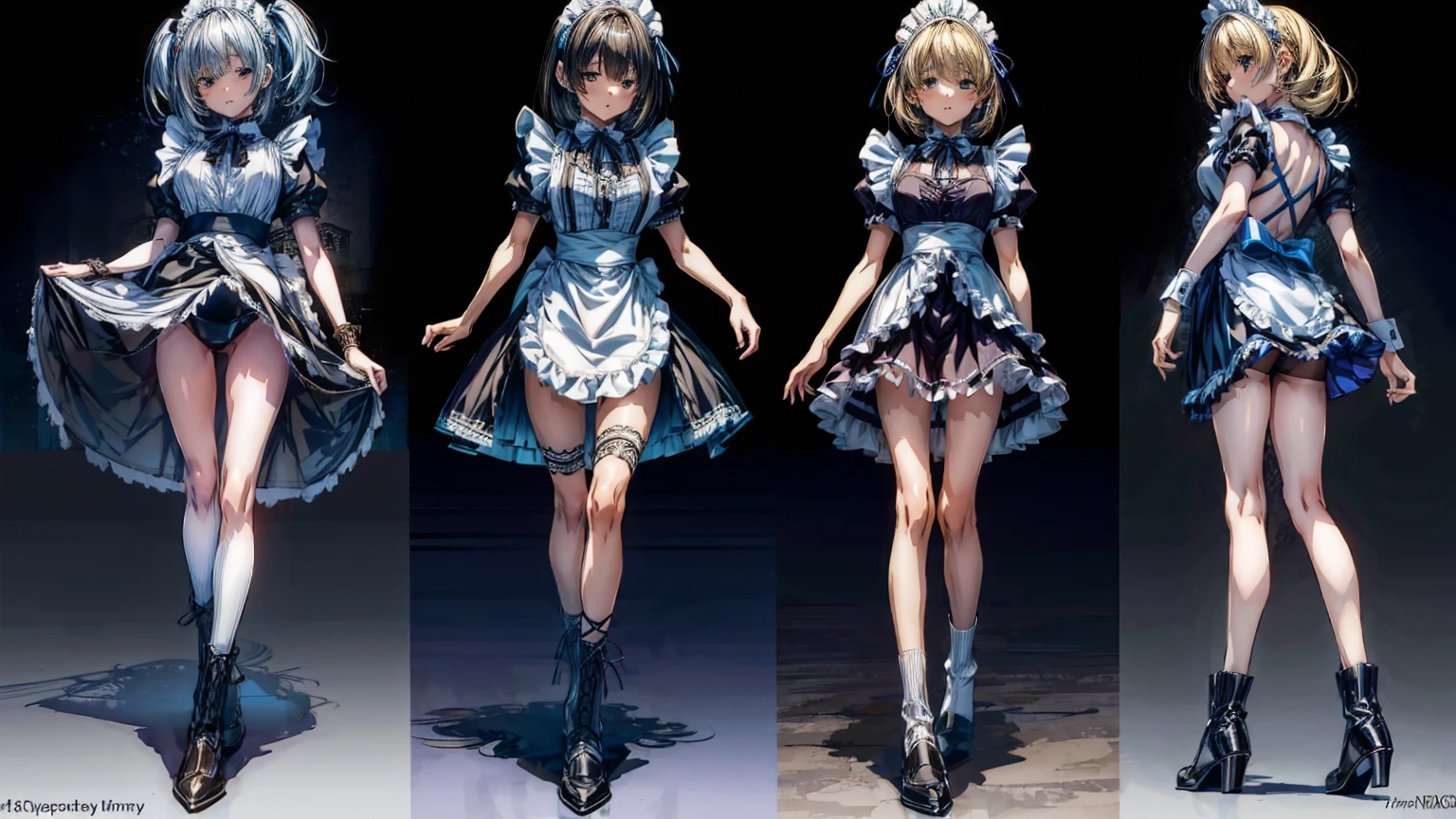 (Perfect Anatomy:1.2, highest quality),(Maid leotard details:1.6),(4Girls:1.4),Long Hair:1.5, (Short sleeve, Thighs,Maid Cufflinks),,Hypno Lola, Hollow Eyes,High heel lace-up boots, (Without skirt:3.0),Dark aura,(Leotrad),,From below,love for viewers,Look down,(full body:1.4),looking at viewer,