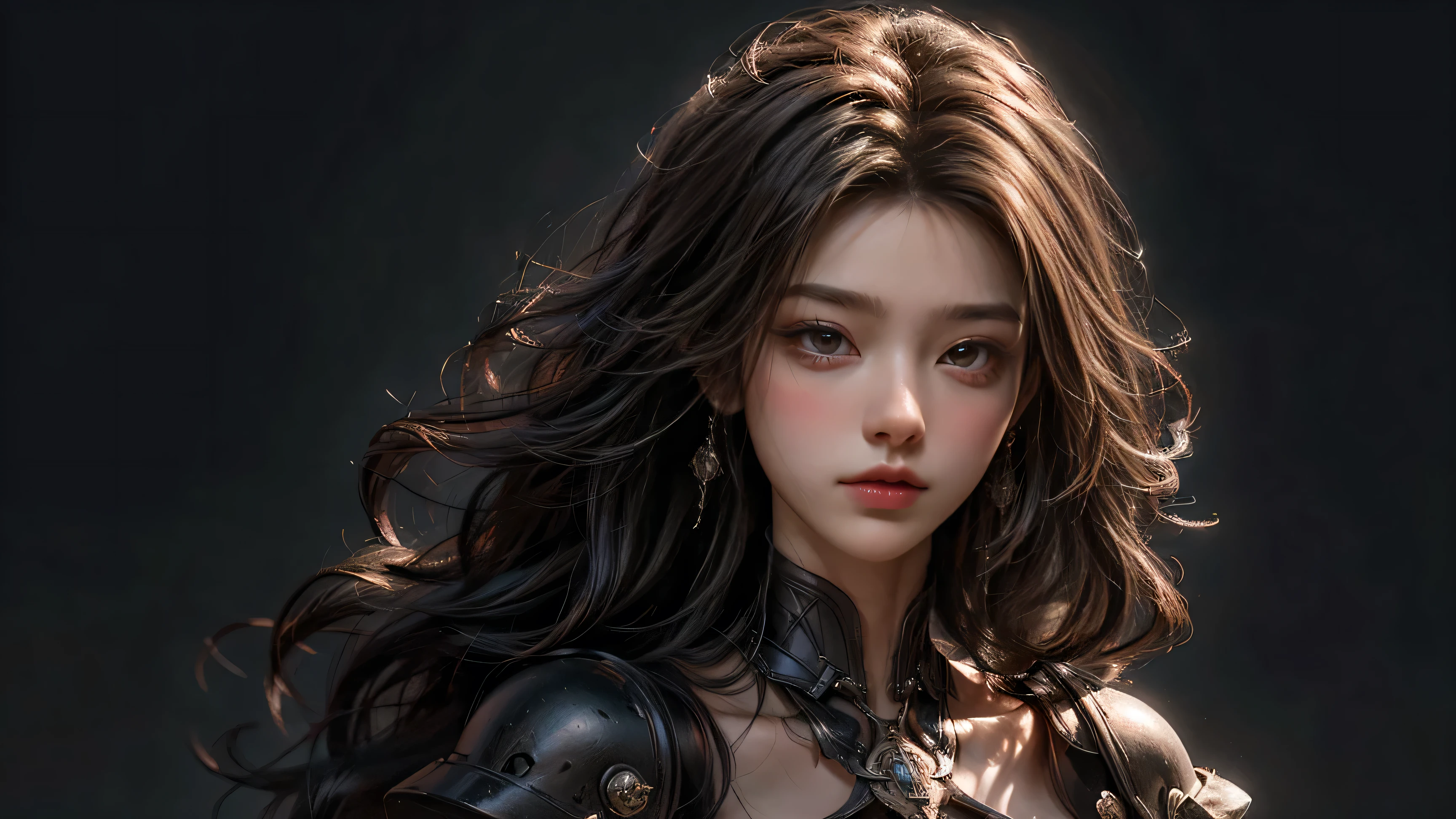 ((obra maestra, of the highest quality, Maximum image quality, high resolution, Fotorrealista, foto cruda, 8K)), Ultra gran angular, Paisaje medieval, Una mujer con vestido de guerrera, cabello negro, con ojos marrones muy claros color avellana, piel morena, labios grandes. Influenciado por los antecedentes de Stefan Koidl sobre mechas descartadas. Rostro simetrico sin imperfecciones.