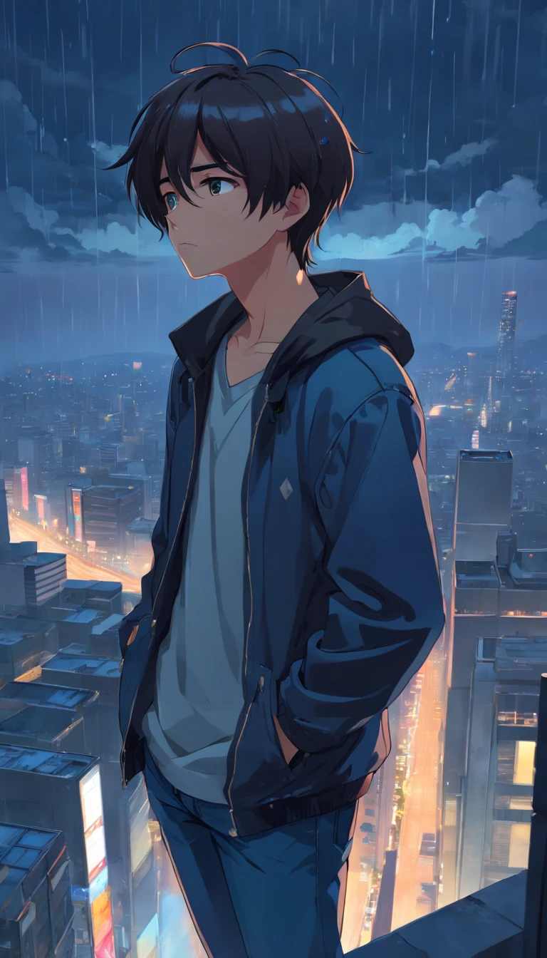 Sad boy, crying, darkness, Rainy sky, standing on top of a tall building, 3D, High class, hard disk, black and short hair, crying, facing left and looking up at the sky, wearing a black jacket and blue jeans