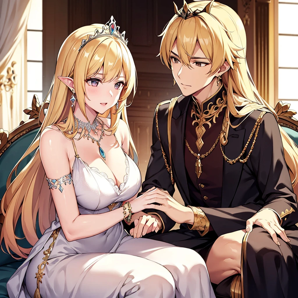 （wife and husband）、（((Women are１Only people))）((best quality)), ((masterpiece)), (detailed), perfect face、My Wife is a Magical Princess、（Devil's horns grow）、（Ears become pointed and long）、Earrings、Bracelet、necklace、Engagement Rings、Blonde、Feather hair ornament、Luxury accessories、Gorgeous tiara、Gold embroidery、Stay close to your husband、((wife and husbandはお互いを抱き寄せて深く誓いのキスをする))（Husband and weddingで誓いのキスをする）、wife loves husband、（Black Veil）、The Demon Queen&#39;s Crown、衣服にGold embroidery、（black luxury dress）、Women are大魔王妃、（((My 50-year-old husband is the Demon King、Devil horns growing))）、Husband and wedding、((The husband embraces his wife and kisses her))、A loving couple、A couple pledging their love、（((men and women))）