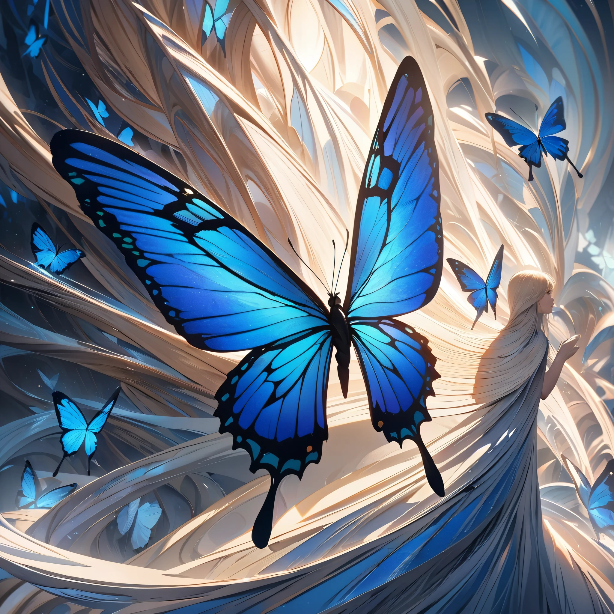 A blue butterfly with outstretched wings creates a mesmerizing tornado. The artwork depicts the butterfly hovering in the air, with its delicate wings majestically fanning outwards. The tornado, formed by the butterfly's wings, swirls with vibrant shades of blue. The butterfly is beautifully textured, with intricate patterns and details carefully rendered. Its skin appears lifelike, capturing the subtle nuances and textures of the butterfly's anatomy. The image is of the highest quality, with ultra-high definition resolution (UHD) and sharp, precise details. Every stroke and brushwork is skillfully executed, resulting in a true masterpiece. The colors are vivid and rich, enhancing the overall visual impact of the artwork. The lighting accentuates the brilliance of the butterfly and casts dynamic shadows within the tornado. The portrayal of this blue butterfly and its swirling tornado is accurately depicted with utmost attention to detail, ensuring a realistic and awe-inspiring representation.