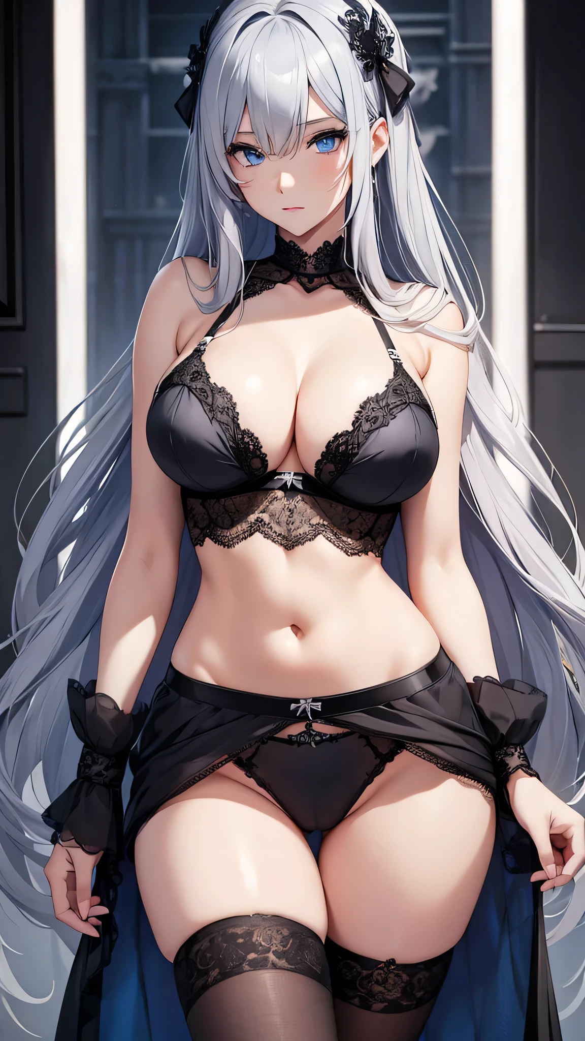 beautiful girl, Gray Hair, blue eyes,blue eyes,Black underwear with white lace, Big Tits、to close range