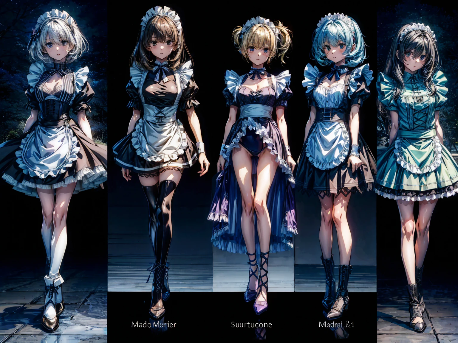 (Perfect Anatomy:1.2, highest quality),(Maid leotard details:1.6),(4Girls:1.4),Long Hair:1.5, (Short sleeve, Thighs,Maid Cufflinks),,Hypno Lola, Hollow Eyes,High heel lace-up boots, (Without skirt:3.0),Dark aura,(Leotrad),,From below,love for viewers,Look down,(full body:1.4),looking at viewer,