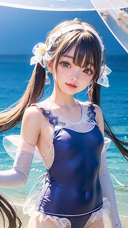 (highest quality, masterpiece), One girl, Twin tails、Pause, particle, Wind, flower, Upper Body, Simple Background, View your viewers, , Milky Way,smile、Turquoise eyes、（Silver Long Hair）、cute、Twin taililky way、Crescent Moon、、(((flower柄、Semi-transparent sailor suit、Stylish lace mini skirt,Translucent swimsuit)))、