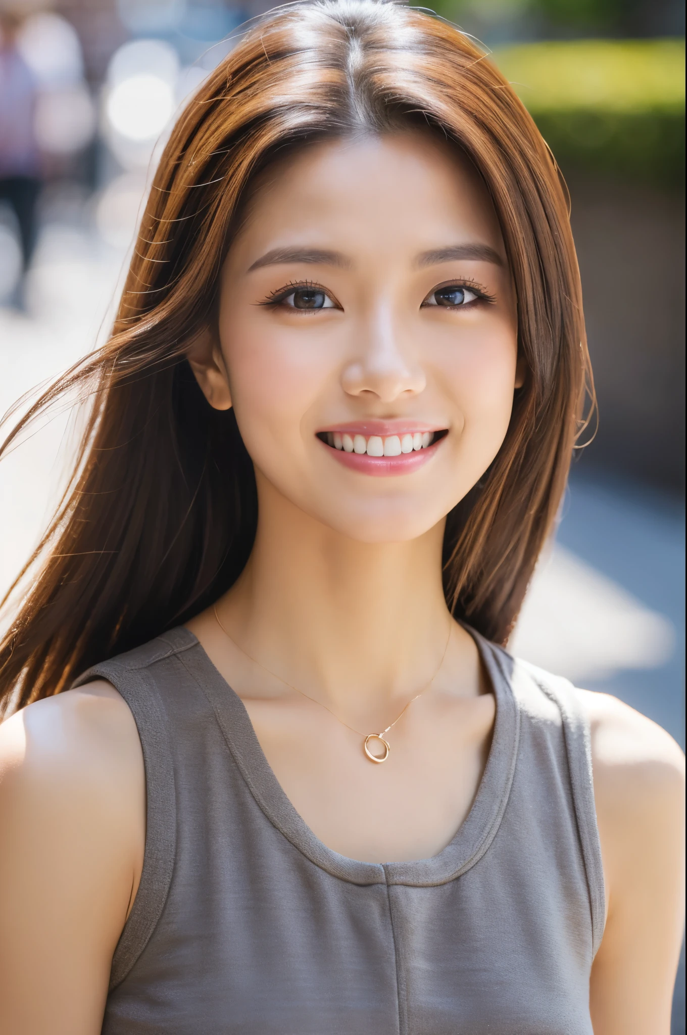 RAW Photos, looking at the camera, ((highest quality, 8k, masterpiece: 1.3)), Sharp focus: 1.2, White shirt, Beautiful Features, The best smile, Cute Smile, Beautiful woman with perfect style: 1.4, Slim Abs: 1.2, Dark brown hair, (Natural light, City Street: 1.1), Highly detailed face and skin texture, Fine grain, double eyelid