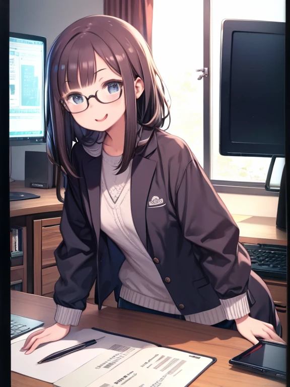 masterpiece、highest quality、High resolution、Very detailed、Medium wide shot、Cowboy Shot、Girl、Staring at your computer monitor、Drawing illustrations on a tablet、Leaning forward、Laughing with mouth open、tongue、Glasses、Glassesにモニターの映像が反射している、