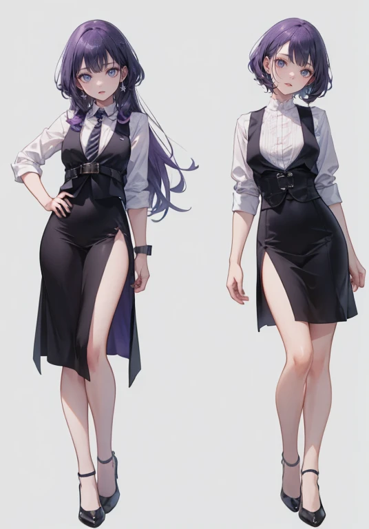 ((Perfect Face)),Purple Hair,Shortcuts,Adult female,bartender,((Harness)),Black vest,((Shirt with rolled up sleeves)),tie,((slit)),High heels,,((Simple Background)),smile,((whole body)),((full body)),Character portrait,upright,,Both arms are lowered,upright,