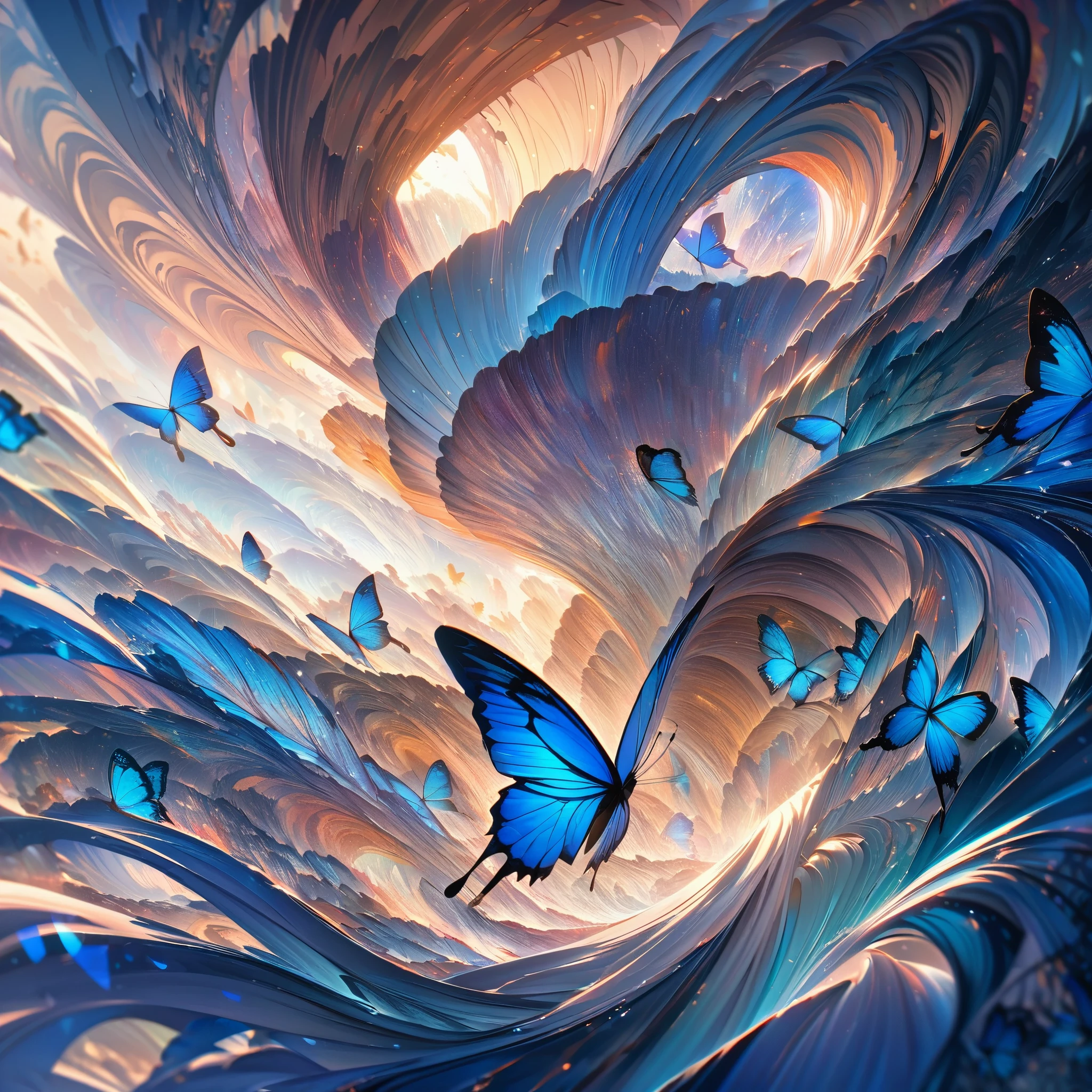 A blue butterfly with beautifully patterned wings is fanning out a vibrant tornado. The butterfly's wings are detailed and textured, showcasing its natural beauty. The tornado is made up of swirling shades of blue, creating a mesmerizing and dynamic effect. The image is of the highest quality, with ultra-high definition resolution (UHD) and incredible attention to detail. The colors are vivid and the textures are lifelike, making it a true masterpiece. The butterfly's skin is carefully rendered, with every tiny detail captured. The image is incredibly accurate, capturing the essence of a butterfly in flight. The overall effect is breathtaking, with the tornado and butterfly creating a sense of wonder and awe. The lighting is carefully crafted to highlight the delicate features of the butterfly and the swirling motion of the tornado. The color palette is dominated by shades of blue, creating a serene and ethereal atmosphere. The image is in 1080P high resolution, allowing viewers to appreciate the intricate details.