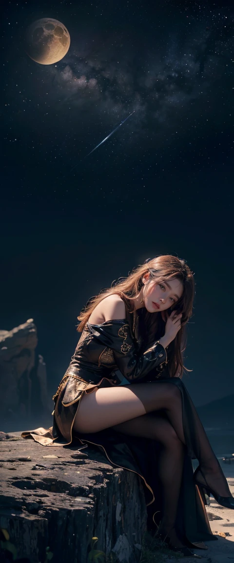 ((masterpiece, highest quality, Highest image quality, High resolution, photorealistic, Raw photo, 8K)), ((Extremely detailed CG unified 8k wallpaper)), Floating, Side view of a woman sitting on a giant crescent moon in the night sky,