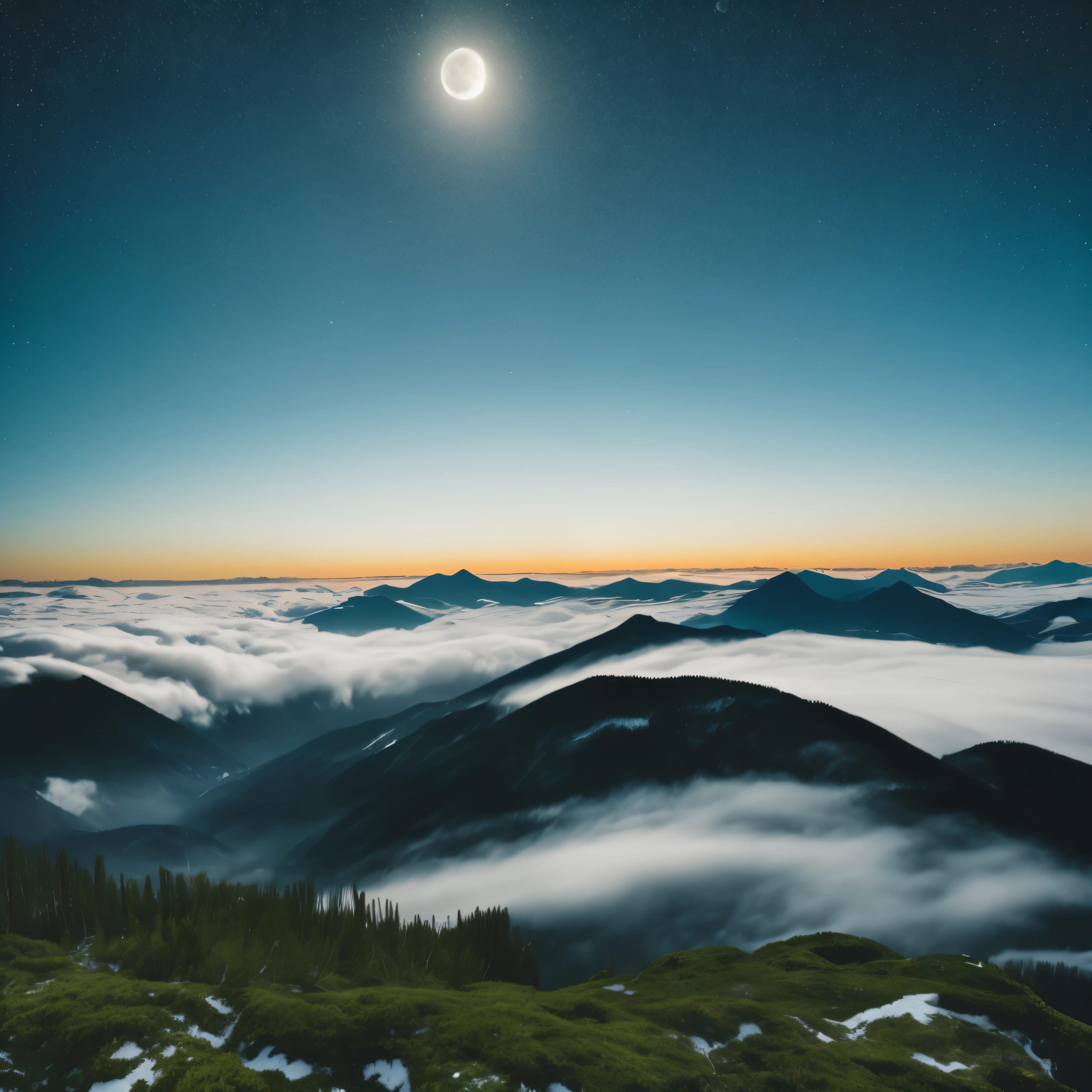 ((masterpiece:1.4,highest quality)), cloud, Outdoor, (Snowy Mountain), Autumn's null land , scenery, null, (night:1.4), moon, moonlight, High Detail, Rich, 8K, green,wood, High Detail, wallpaper, Sleep induction