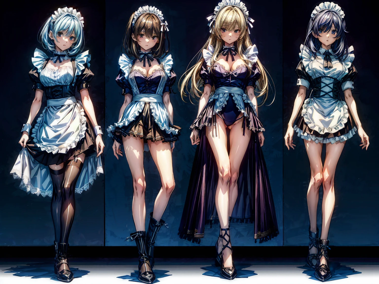 (Perfect Anatomy:1.2, highest quality),(Maid leotard details:1.6),(4Girls:1.4),Long Hair:1.5, (Short sleeve, Thighs,Maid Cufflinks),,Hypno Lola, Hollow Eyes,High heel lace-up boots, (Without skirt:3.0),Dark aura,(Leotrad),,From below,love for viewers,Look down,(full body:1.4),looking at viewer, 
