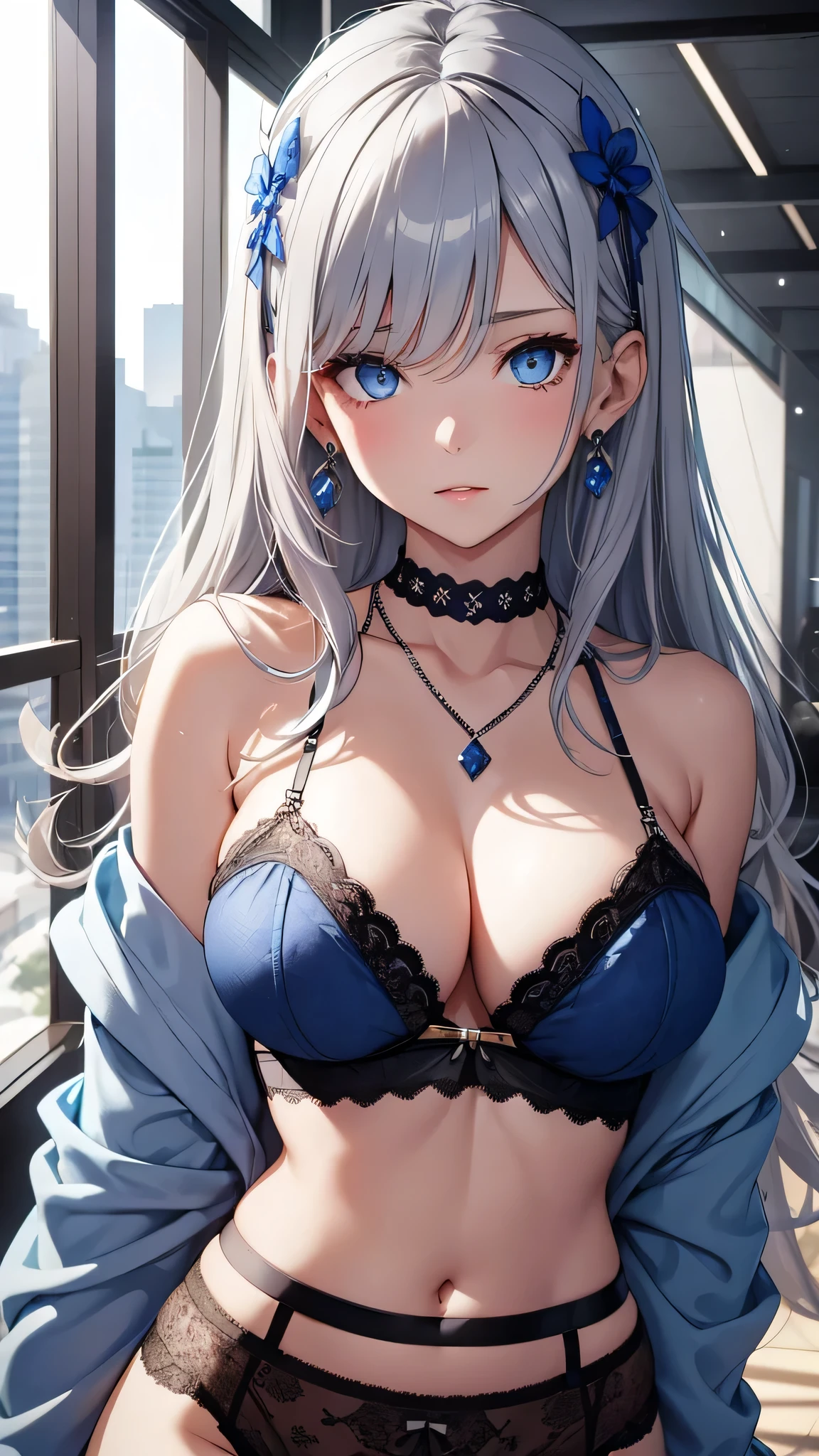 beautiful girl, Gray Hair, blue eyes,blue eyes,Black underwear with white lace, Big Tits、to close range、Blue earrings、Blue Necklace