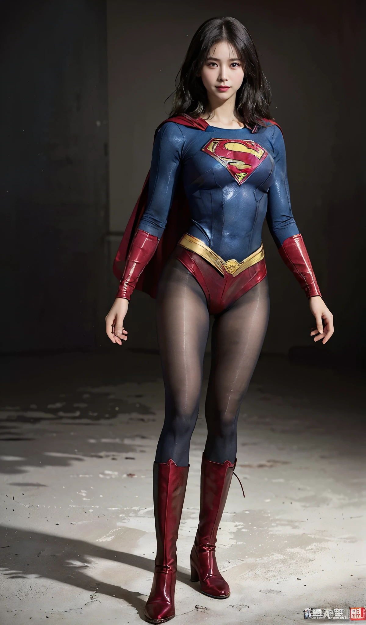 No background、(((Beautiful legs in black tights.)))、(((Legally express the beauty of your smile)))、((((Make the most of your original images)))、(((Supergirl Costume)))、(((Beautiful boyish short hairstyle)))、(((suffering)))、(((Please wear black tights....、Wear red boots)))、((Best image quality、8k))、((highest quality、8k、masterpiece:1.3))、(((Preserve background )))、Sharp focus:1.2、Beautiful woman with perfect figure:1.4、Slim Abs:1.2、Wet body:1.5、Highly detailed face and skin texture、8k