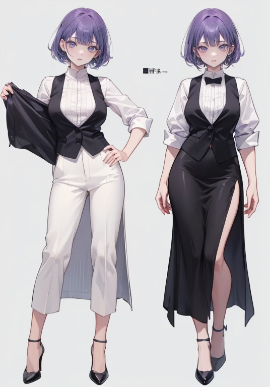 ((Perfect Face)),Purple Hair,Shortcuts,Adult female,bartender,((Harness)),Black vest,((Shirt with rolled up sleeves)),tie,((slit)),High heels,,((Simple Background)),smile,((whole body)),((full body)),Character portrait,upright,,Both arms are lowered,upright,