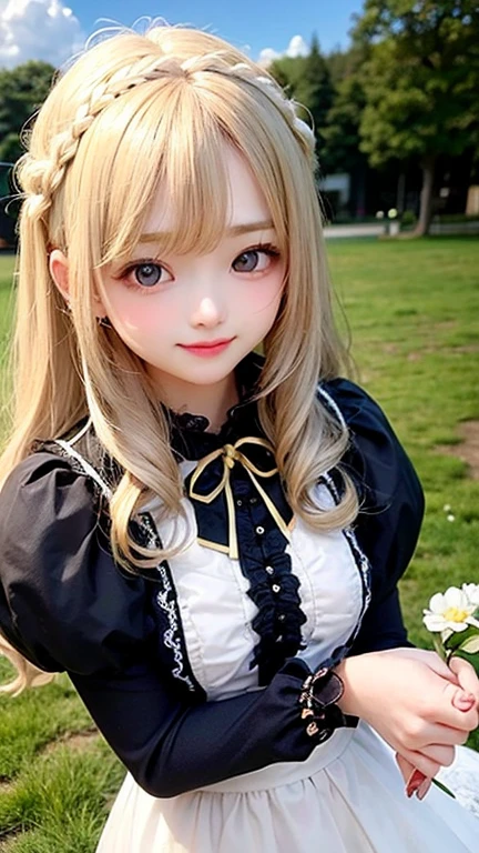 (highest quality, masterpiece), One girl, Pause, particle, Wind, flower, Upper Body, Simple Background, View your viewers, blonde, Milky Way,smile、long hair、milky way、（See-through、Lace Lolita Blouse）