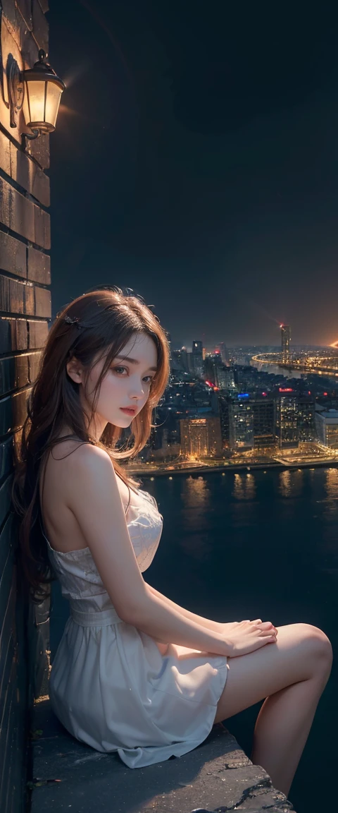 ((masterpiece, highest quality, Highest image quality, High resolution, photorealistic, Raw photo, 8K)), ((Extremely detailed CG unified 8k wallpaper)), Floating, Side view of a woman sitting in the edge of building, city night view,