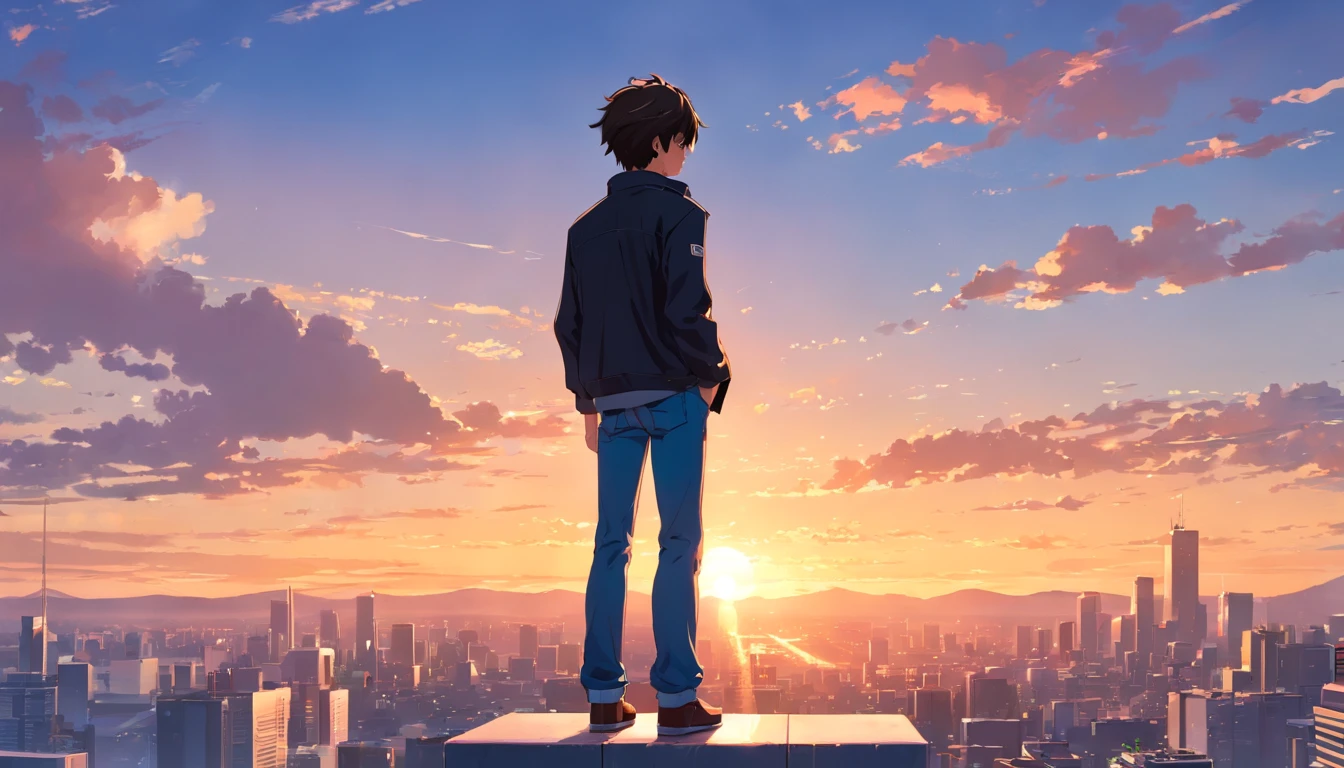 Sad boy, crying, sunset, sunset sky, standing on top of a tall building, 3D, high class, hard disk, black and short hair, with his back turned, wearing a black jacket and blue jeans