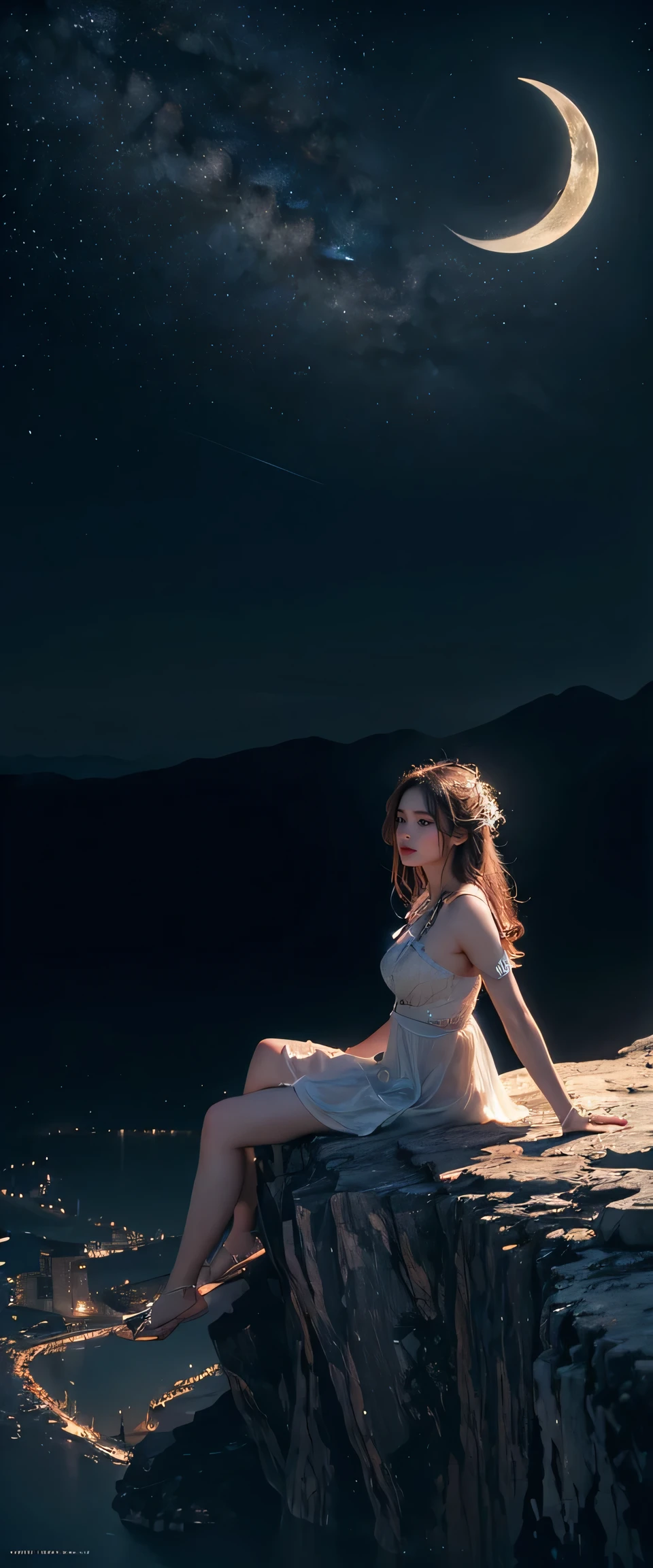((masterpiece, highest quality, Highest image quality, High resolution, photorealistic, Raw photo, 8K)), ((Extremely detailed CG unified 8k wallpaper)), Floating, Side view of a woman sitting on a giant crescent moon in the night sky,