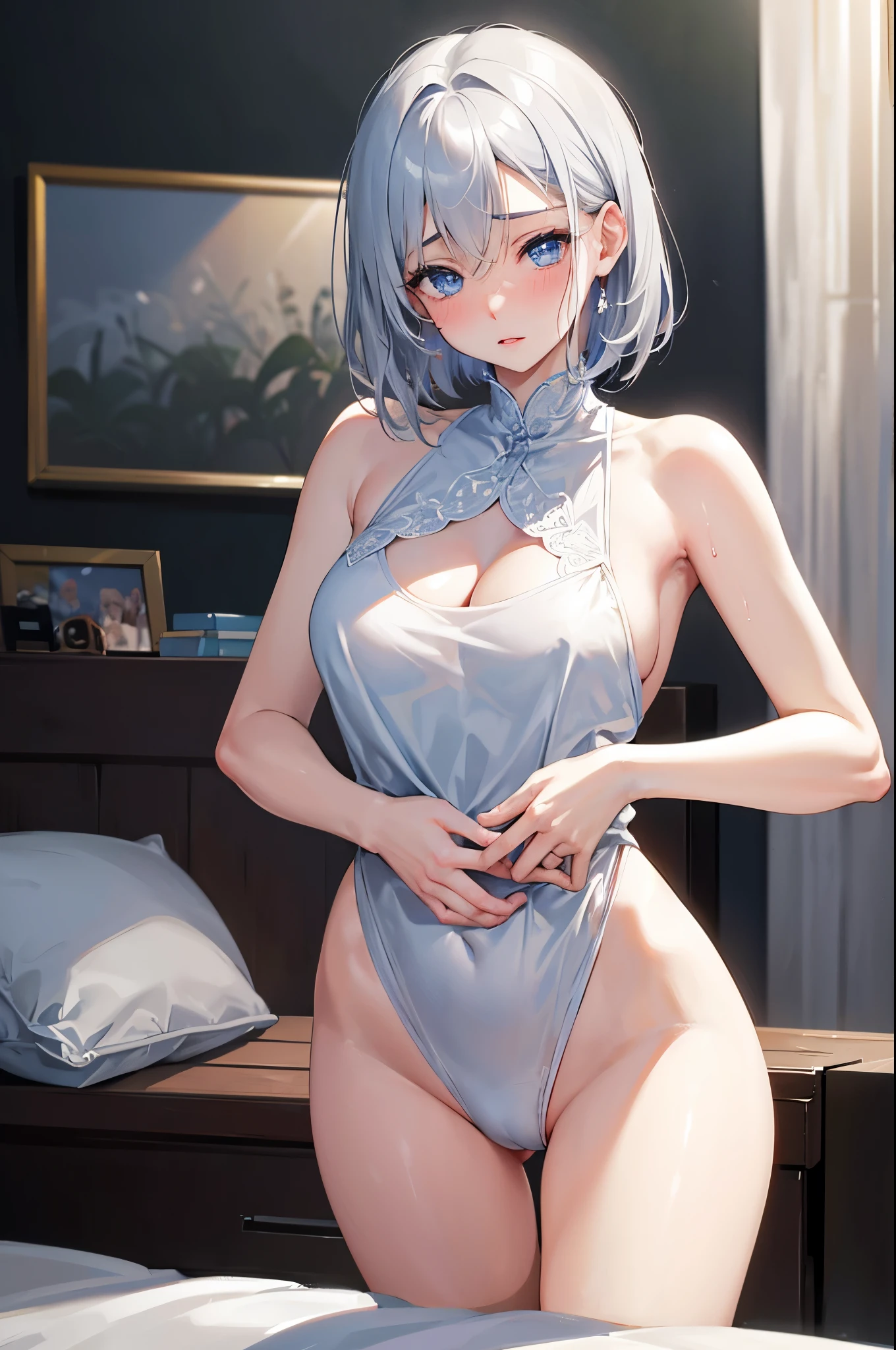 SEX、SEX、８K, highest quality, masterpiece、Silver hair, very short hair, slanted eyes, medium breasts（C Cup)-Pale blue eyes、Slanted Eyes、Blushing、lipstick、、Perfect hands、Detailed hand、、On the bed、Feeling embarrassed,nsfm、indoor、Bedroom、、My crotch is wet、Sweaty、Panties are wet、、