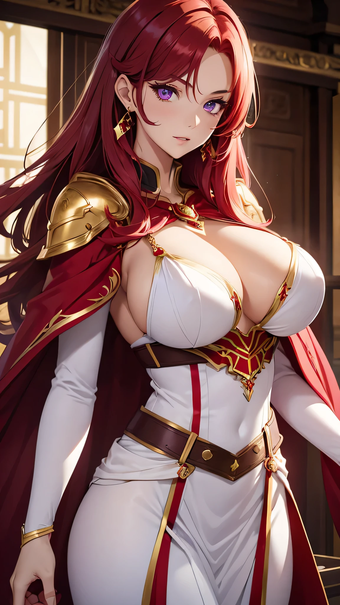 beautiful girl, Bright red hair, Detailed purple eyes, Sexy white armor、(( Very large breasts:1.2))、Red Cape、Gold Necklace、Golden earrings、In close range