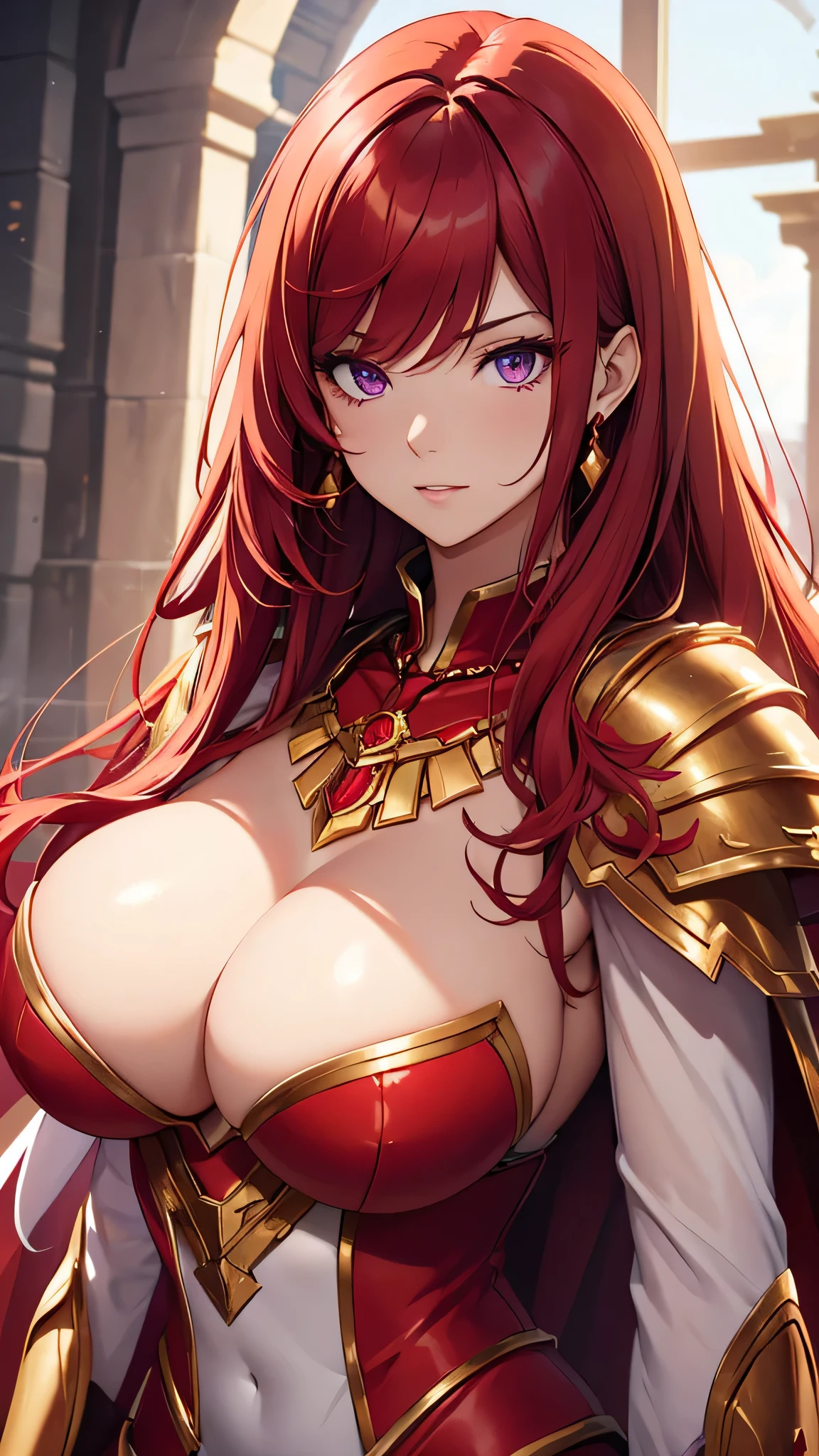 beautiful girl, Bright red hair, Detailed purple eyes, Sexy white armor、(( Very large breasts:1.2))、Red Cape、Gold Necklace、Golden earrings、In close range