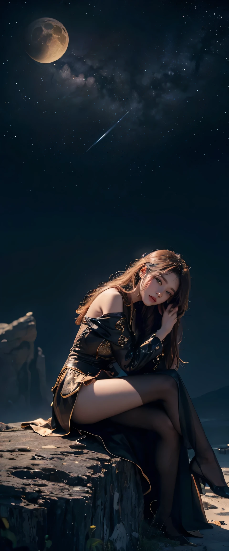 ((masterpiece, highest quality, Highest image quality, High resolution, photorealistic, Raw photo, 8K)), ((Extremely detailed CG unified 8k wallpaper)), Floating, Side view of a woman sitting on a giant crescent moon in the night sky,