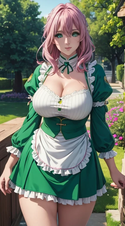 Cute girl, big breasts, thigh legs, deep cleavages, open neckline , long open hair, green color full sleeve clothes, white apron, green eyes and pink hair, short skirt, ultra realistic eyes , sunlight and garden background, bright purple eyes, ultra realistic detailed eyes, innocent eyes, looking at camera, beautiful smile, beautiful face ,pink color hair