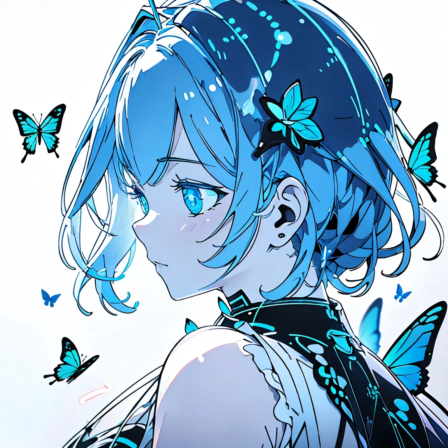 Lots of blue butterflies、Background Black、Line art、Neon Light