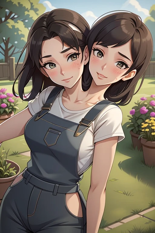 2heads, a tall thin woman with two heads. She is outside in a garden, she is gardening. She is very tall. She is very skinny. She has short black hair in a bun. She looks mature. She has very thick full lips. She is wearing overalls with a colorful T-shirt underneath, and gardening gloves. She is wearing a bandana on her head. She is smiling. She is blushing. She looks sweaty and tired. Mature, milf. Flirty, flirtatious expression, flirty pose. Sweaty, sweating.