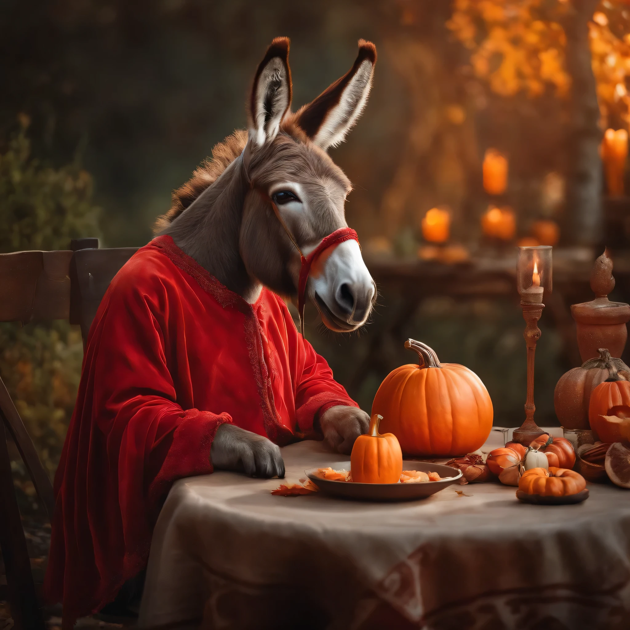 a donkey with red clothes sitting at a table with a pumpkin and a piece of meat, donkey, super realistic food picture, by Dechko Uzunov, halloween art style, very accurate photo, 🍂 cute, donkey ears, halloween, holiday season, disney art