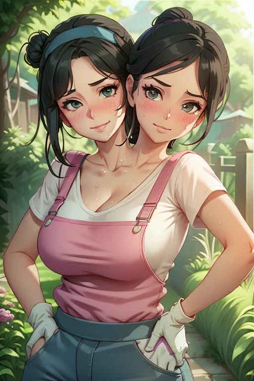 2heads, a tall thin woman with two heads. She is outside in a garden, she is gardening. She is very tall. She is very skinny. She has short black hair in a bun. She looks mature. She has very thick full lips. She is wearing overalls with a pink T-shirt underneath, and gardening gloves. She is wearing a bandana on her head. She is smiling. She is blushing. She looks sweaty and tired. Mature, milf. Flirty, flirtatious expression, flirty pose. Sweaty, sweating. 