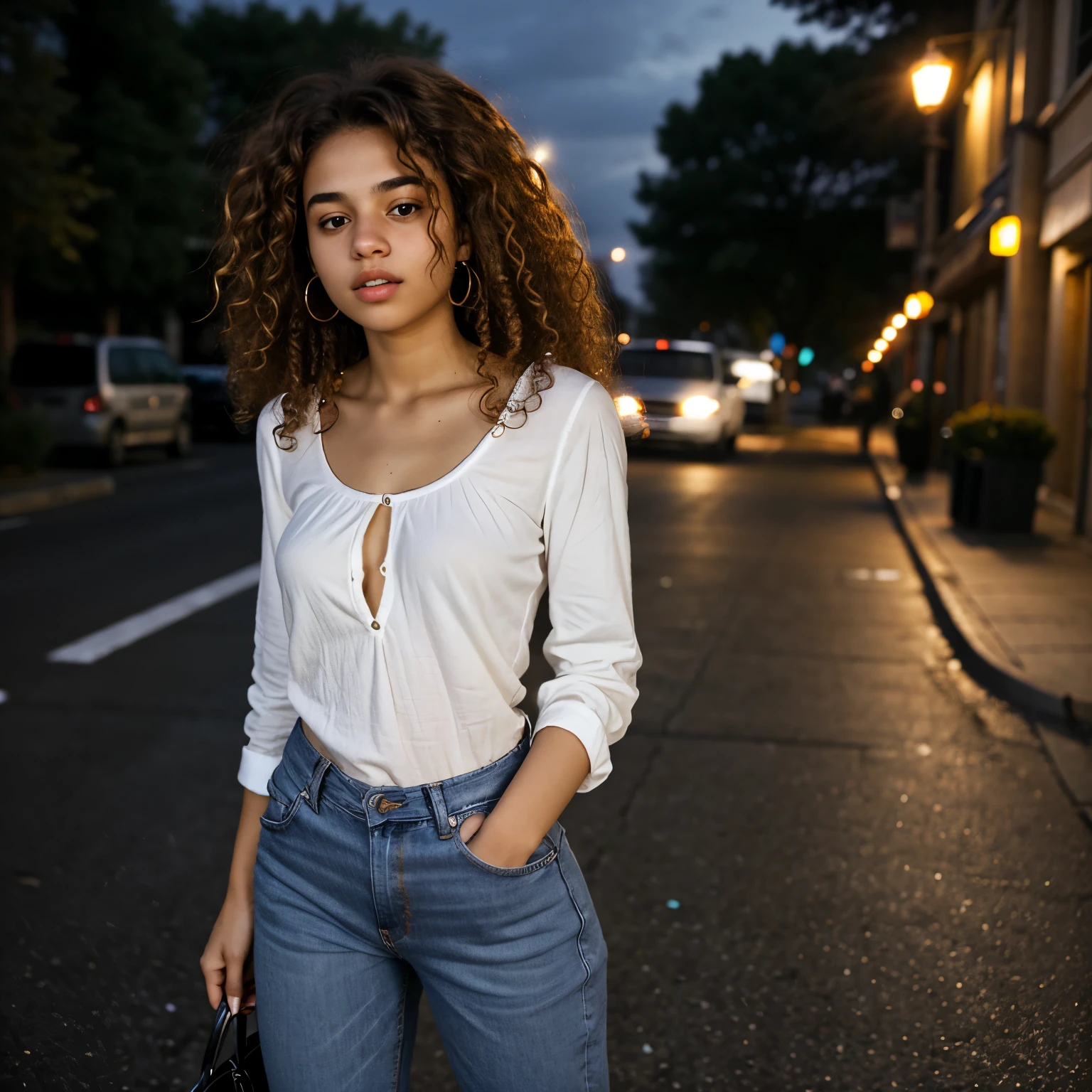 woman, 19 age, attractive, brown, curly hair, white blouse, baggy jeans, street, night, strong wind
