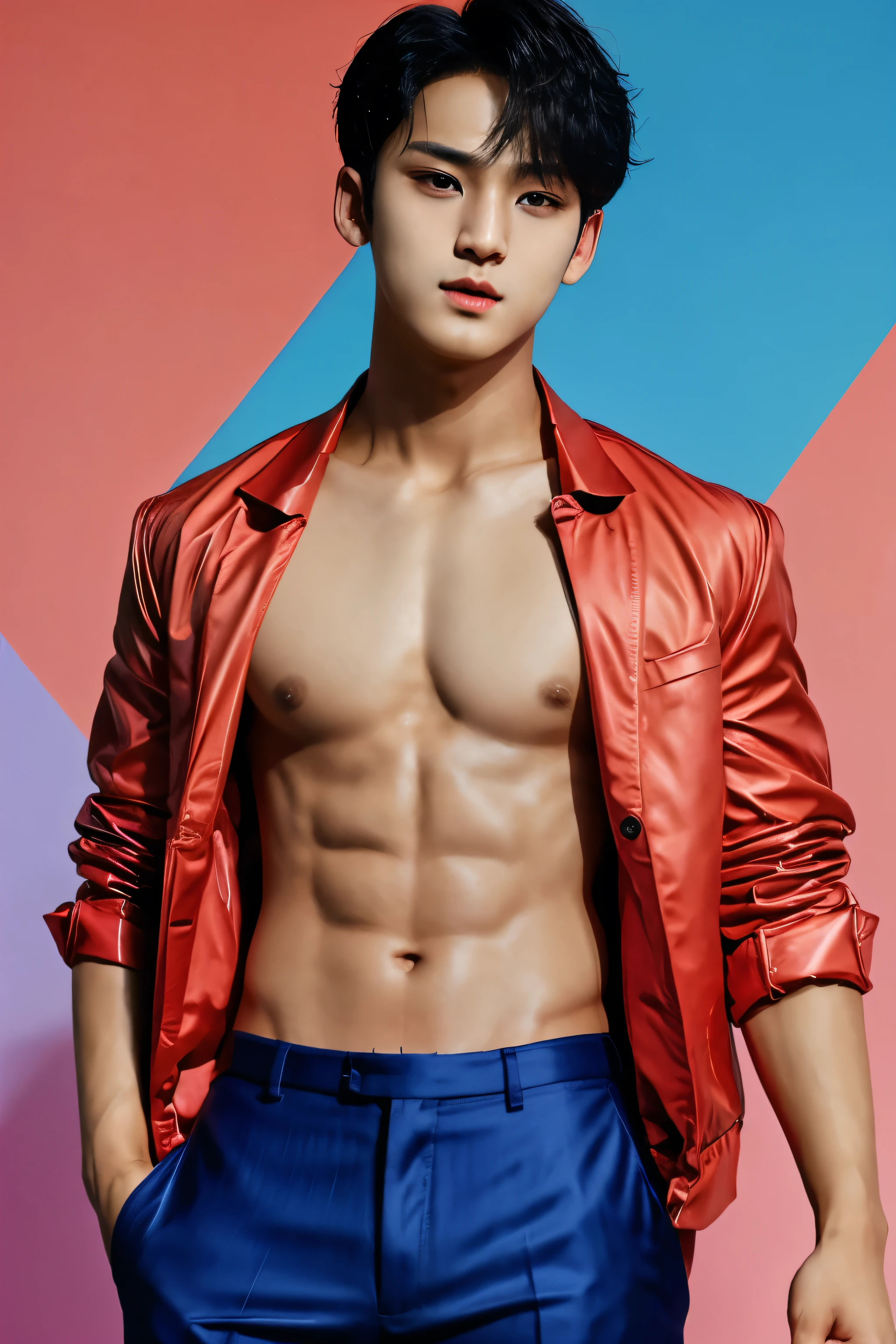 Mingyu is a -yeld, h school student outfi.He has a abs sixpack.he's handsome.It's very cool。photo magazine,no text,colorful studio.