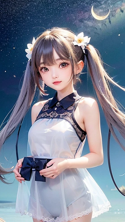 (highest quality, masterpiece), One girl, Twin tails、Pause, particle, Wind, flower, Upper Body, Simple Background, View your viewers, , Milky Way,smile、Turquoise eyes、(Silver Long Hair)、cute、Twin taililky way、Crescent Moon、、((flower柄、Semi-transparent sailor suit、Her breasts are visible through her eyes.、Stylish lace mini skirt,Translucent swimsuit))、