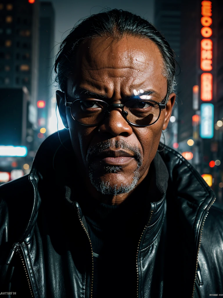 ((masterpiece, highest quality, hires, amazing detail, 8k, best quality)), cinematic, portait, closeup shot of middle aged man / Samuel l jackson/, wearing highly damaged battlesuit, perfect facial hair, scars, cybernetic implants, mirrorshades, in the artstyle of shirow masamune, ghost in the shell, gantz, gritty, cyberpunk background, dynamic colours