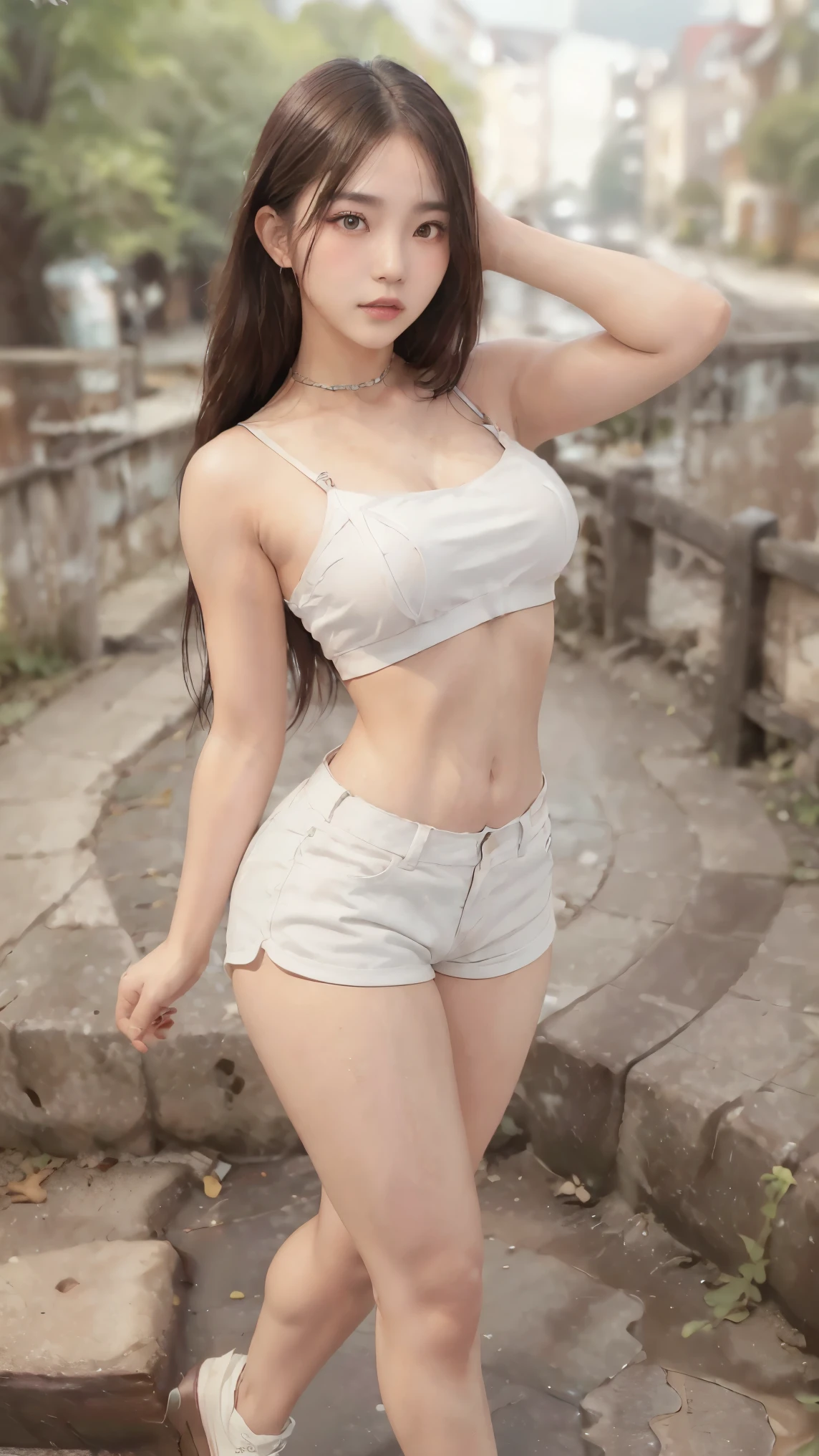 (Genuine, High resolution:1.3)、((High Reality, 8k, masterpiece: 1.3)), ((Very detailed)),(Realistic:1.2),8k,(High resolution),(Written boundary depth:1.2),(Written boundary depth:1.3), (highest quality:1.0), (Very detailed CG 8k 壁紙), (超A high resolution:1.0),concentrate: 1.2, Perfect body beauty: 1.4, Hip: 1.2, (Layered Haircut: 1.2)), (Dark Street: 1.3), Very detailed顔と肌の質感, Delicate eyes, double eyelid, White skin, Long Hair, (Round face: 1.5), (loose crop top, Shorts: 1.6)、(Very delicate and beautiful), (Tabletop), Beautiful lighting ,Perfect Lightning, Genuine影,Detailed skin, Very detailed (((colorful))),(Amazing photos of beautiful Japan women),(Character Focus),Perfect Anatomy,(Professional Lighting),
(One Girl),(young),(Raise your arms),
View audience,(walking),
((Beautiful details)),(thin顔:1.2),Thick eyebrows,(Drooping eyebrows),((Glasses))、(We say:1.2),(Blue Eyeshadow),Big eyes,(Brown eyes:1.3),((Big Breasts))、(smile),blush,(非常にDetailed skin),
(Lips parted:1.1),(Lips become thicker:1.2),(Glossy Lips),(lipstick)、Braiding,(black medium hair),(Let's grow your hair back),((Wide forehead)),(thin:1.2),
(Ideal body type:1.1),(Tall body:1.2),Attractive thighs,Attractive waist circumference,
(Big Breasts:1.35), ( Visible through clothing),(Muscular:1.25),(Skin-tight clothing:1.3),
(ハイカットデニムShorts:1.4),(White tube top:1.3),Looking at the camera, Cowboy Shot, look forward to, Standing posture, Contrasting, Dynamic Lighting,