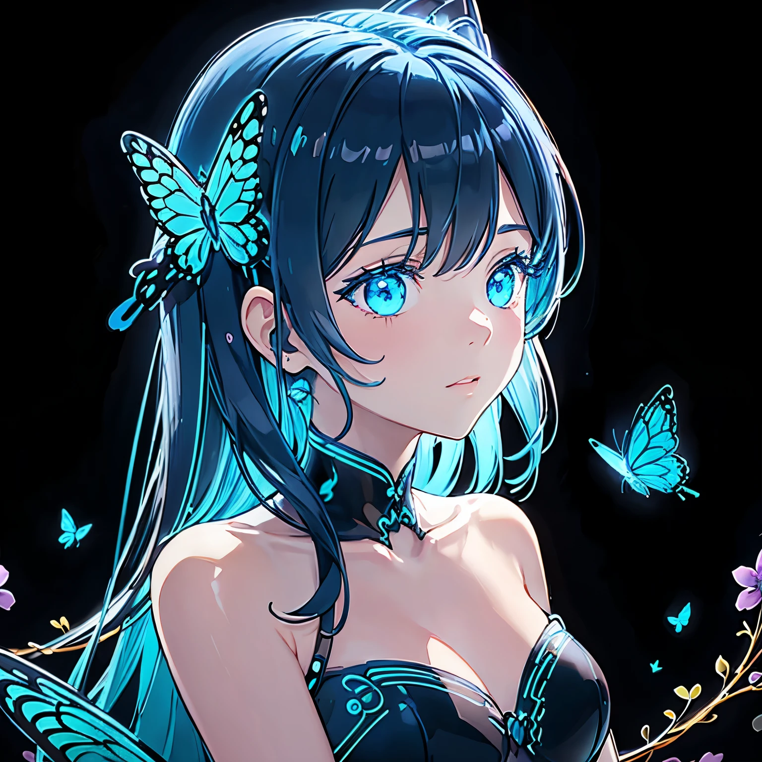 Lots of blue butterflies、Background Black、Line art、Neon Light