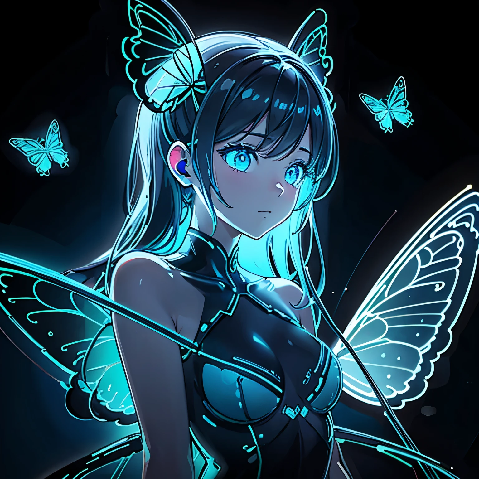 Lots of blue butterflies、Background Black、Line art、Neon Light