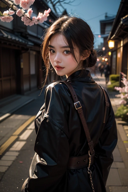 masterpiece、8K、32K、top-quality、(A detailed eye)、(A cute Japanese woman、bangss)、18years old、1 girl in、elegent、(Detailed background depiction)、look back、Cheerful, steampunk、clear、walking in night of Kyoto、Night・Cherry Blossoms Shine
