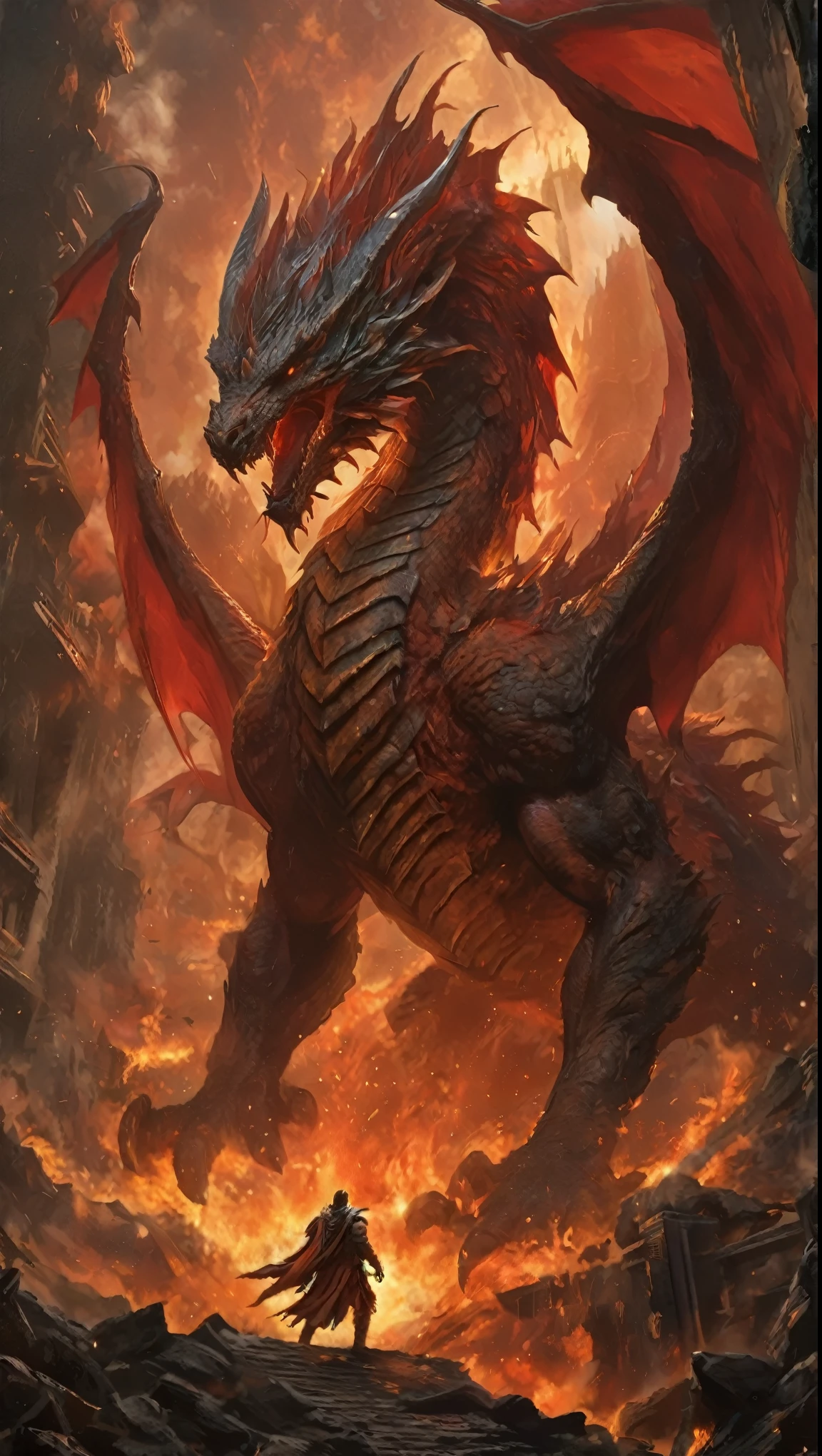 Soaring through the skies with majestic grace, the Crimson Wyrm Sovereign is a legendary creature of immense power, its scales shimmering with the fiery hues of molten metal, A draconic creature with shields in the body, shield scales, shield, boss monster, massive size, fierce expression, looking down, scary look, mean look, fierce, long body, serpent body ,red color, red body, wide shot, long shot, long tail, long neck, kaiju, massive monster, detailed background, ruins, dungeon, epic battle, hero vs monster, full, uncropped subject, dust, wind, dark, dim light, volumetric lighting, Hyperrealism, breathtaking, ultra realistic, ultra detailed, cinematic lighting, highly detailed, breathtaking, photography, stunning environment, wide-angle, hard scales like shield, integrate shield to body, hard black scales, hard body, high defense, fix hands, smoke