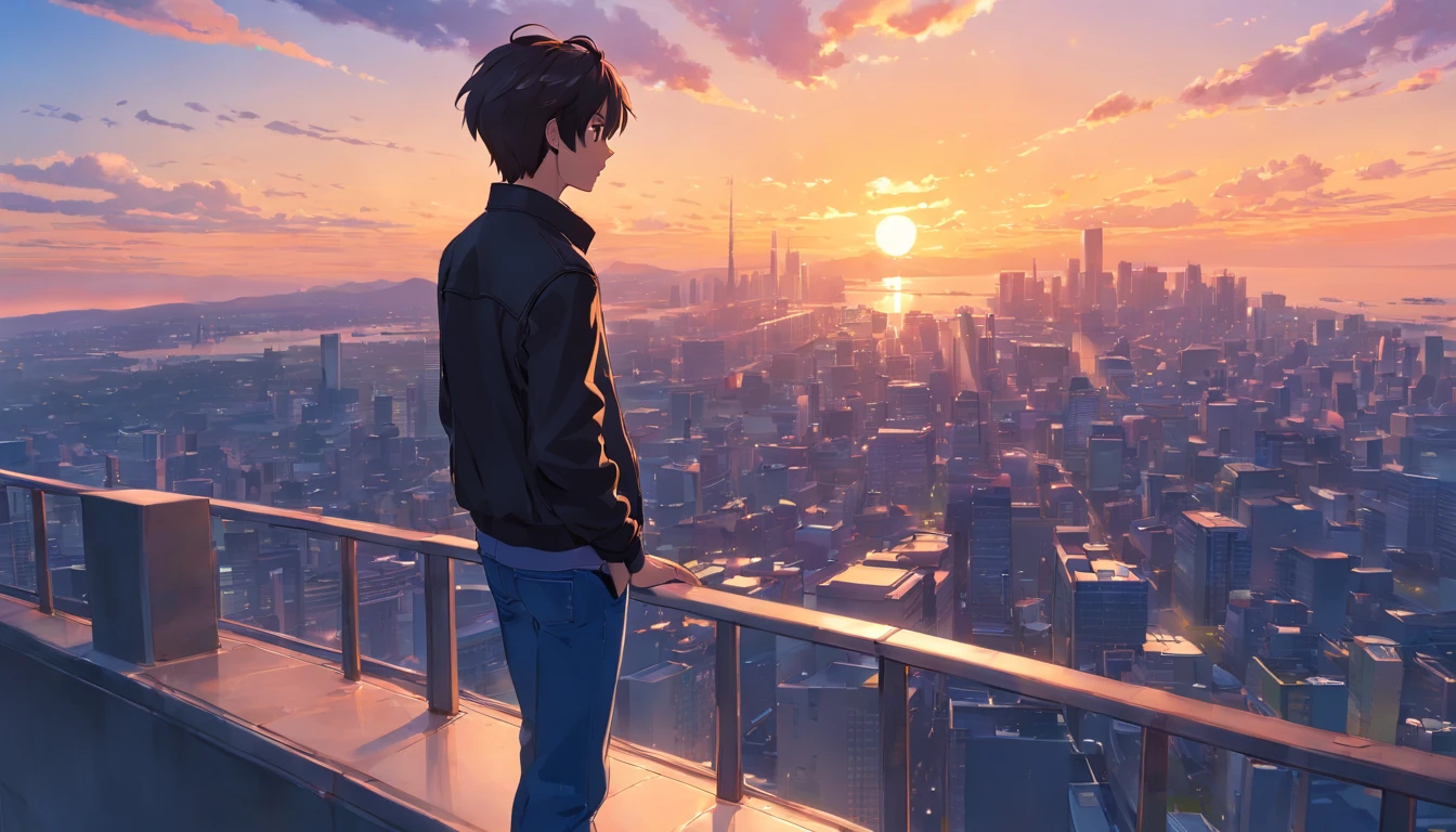 Sad boy, crying, sunset, sunset sky, standing on top of a tall building, 3D, high class, hard disk, black and short hair, facing left and looking up at the sky, wearing a black jacket and blue jeans