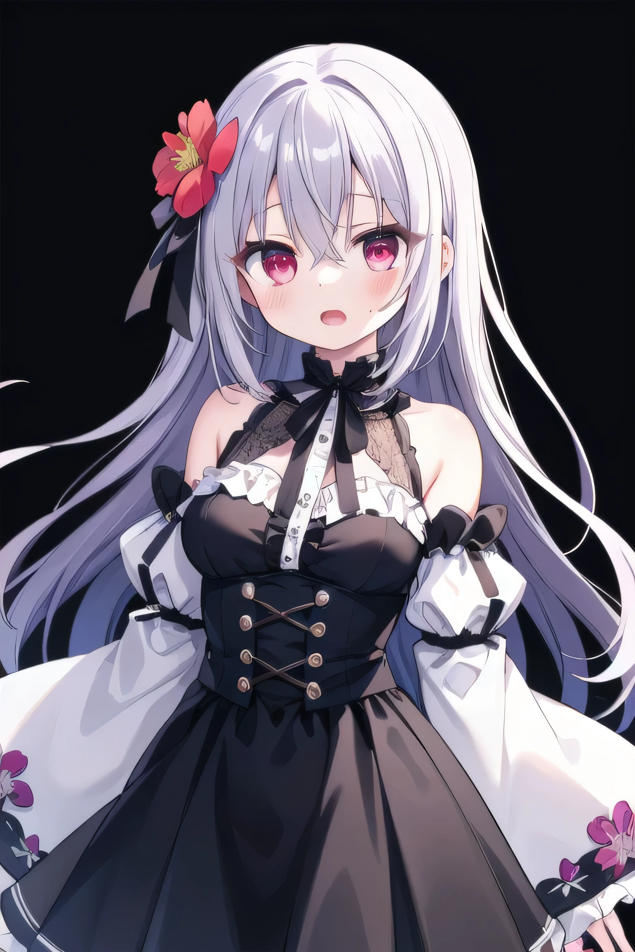 masterpiece, top quality, super detailed, CG illustration, high resolution, better lighting, best shadows, very delicate and beautiful, proper shading, hd, 8k,1girl, solo, long hair, breasts, looking at viewer, open mouth, bangs, skirt, hair ornament, long sleeves, dress, ribbon,hair between eyes, bare shoulders, medium breasts, standing, Bloodred eyes, flower, DeepPurple hair, sidelocks, frills, detached sleeves, hair flower, wide sleeves, nail polish, black dress, black ribbon, neck ribbon, hair tubes, white skirt, black background, red nails, Purple flower, black sleeves